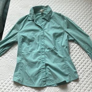 LL Bean Blue Green Button Up Shirt Perfect Fit Stretch L Large